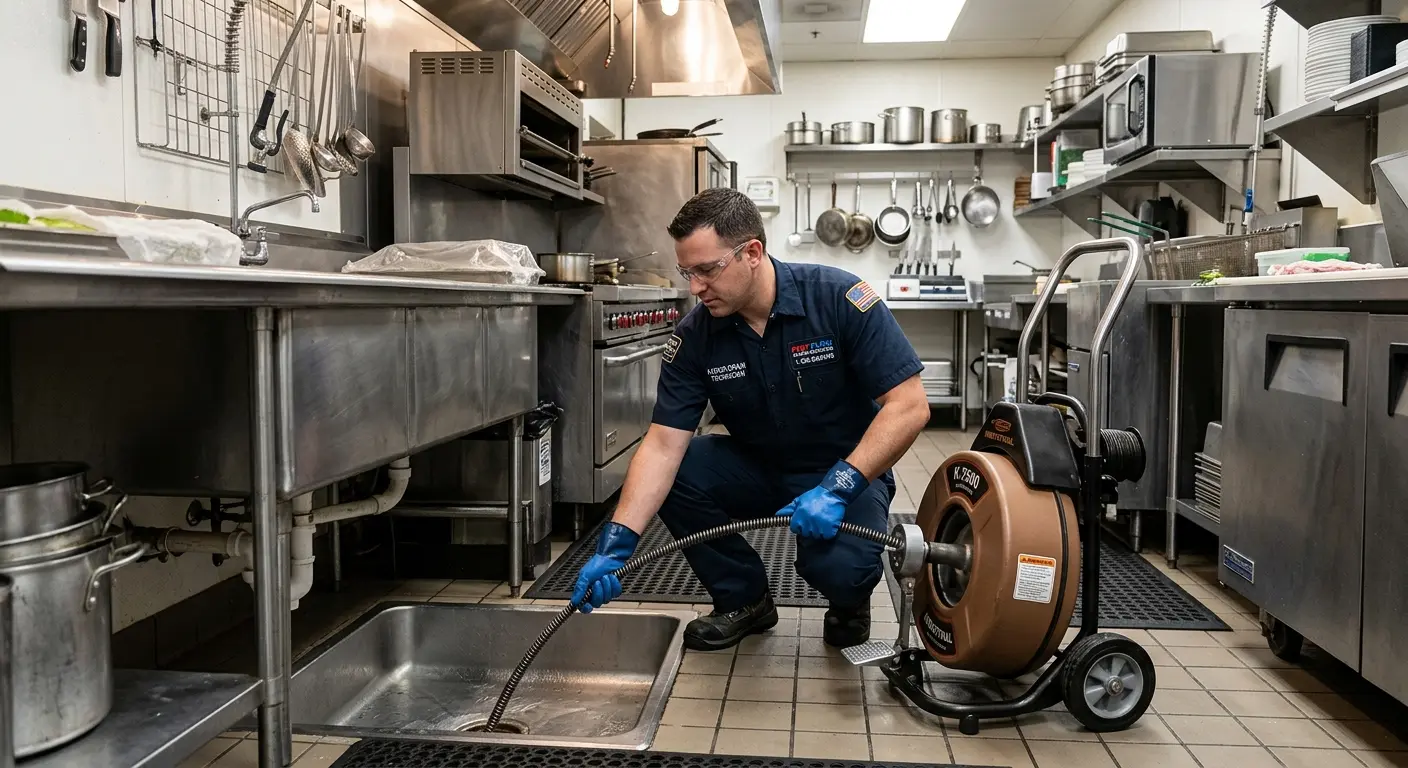 Commercial drain cleaning service in a restaurant kitchen in Chackbay