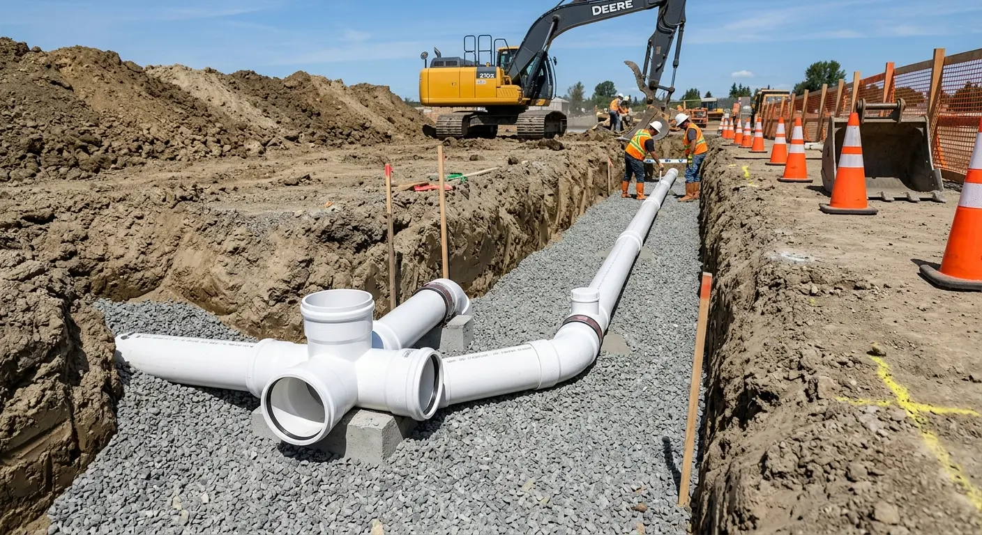 New PVC sewer pipe installation in open trench for Commercial Drain Cleaning in Chackbay