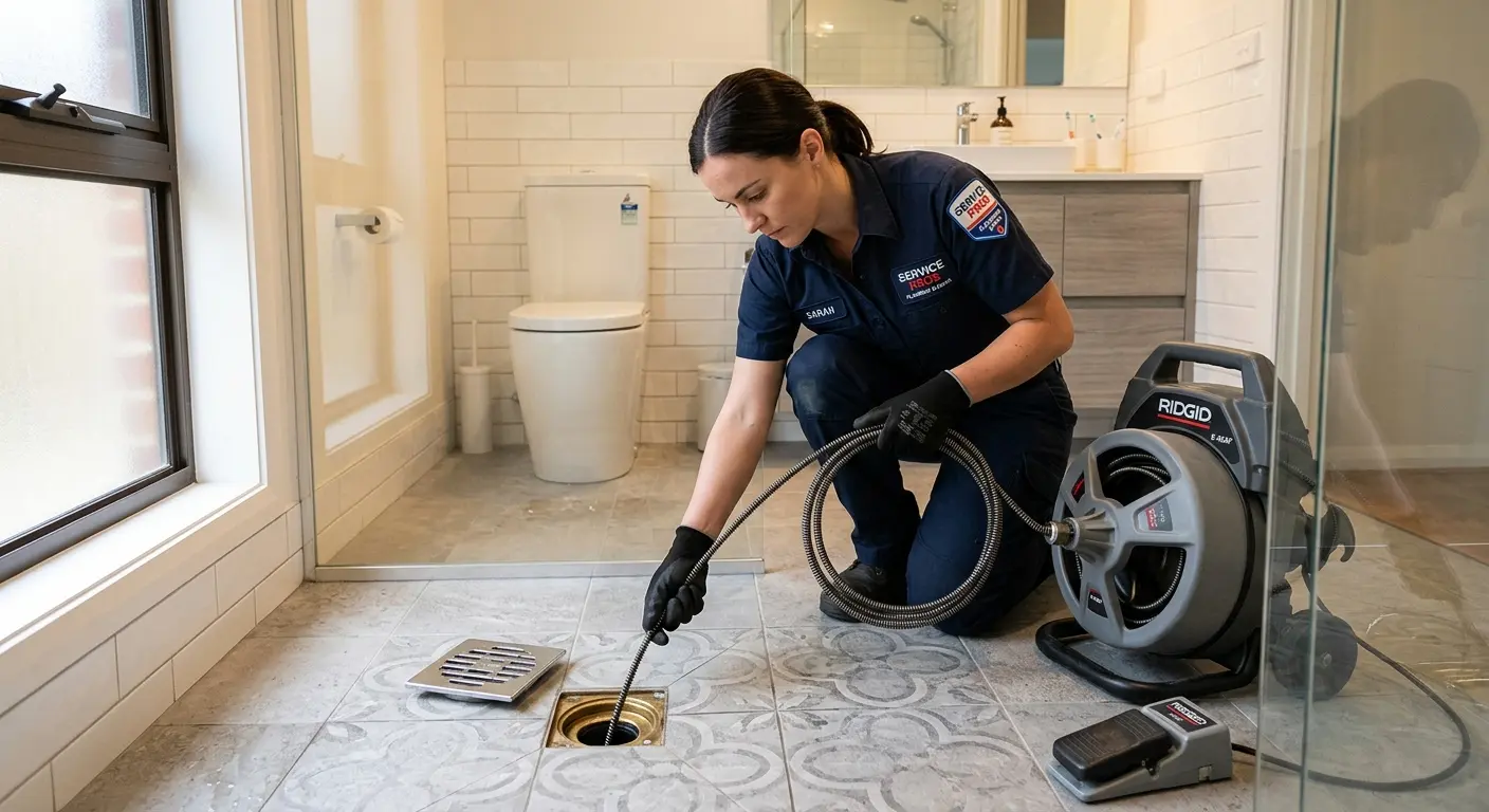 Technician clearing a bathroom floor drain for Hydro Jetting in Chackbay